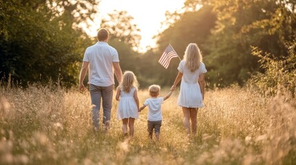 Fototapeta premium Happy Family Of Four In White Clothes Walking Through Field With An American Flag At Sunset