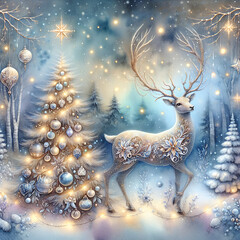 Magical Christmas blue gold winter composition with a Christmas deer in snowy forest, Christmas tree with golden garlands. New Year square postcard