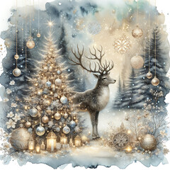 Magical Christmas blue gold winter composition with a Christmas deer in snowy forest, Christmas tree with golden garlands. New Year square postcard