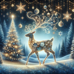 Magical Christmas blue gold winter composition with a Christmas deer in snowy forest, Christmas tree with golden garlands. New Year square postcard