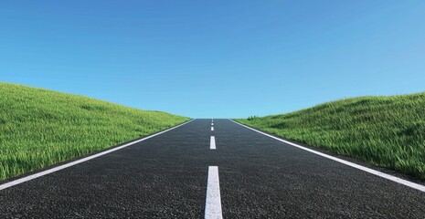 On the wide road, there is green grass on both sides of it, and a blue sky with white clouds in the background. The asphalt surface extends forward, can see far into the distance. 