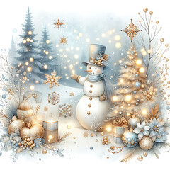 Magical Christmas blue gold winter composition with a snowman in snowy forest, golden garlands on Chrestmas tree. New Year square postcard