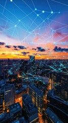 A city skyline at sunset with digital network connections overlay.