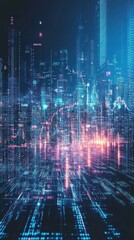 Fototapeta premium A futuristic cityscape with digital elements and vibrant data visualizations.