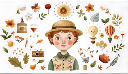  Cute explorer boy surrounded by nature-themed illustrations in watercolor style