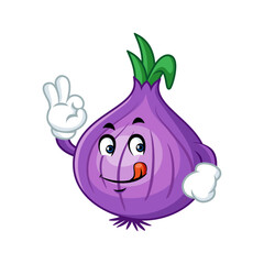 Happy cartoon onion giving okay sign. Fun and playful illustration perfect for healthy food promotions.