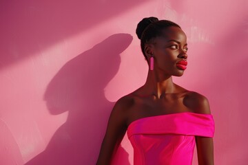 Beautiful young African American woman posing in stylish pink dress against pink wall of building