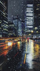 A vibrant cityscape at night with rain-soaked streets and illuminated skyscrapers.
