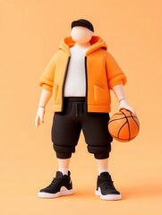 Fototapeta premium Stylish cartoon character in an urban outfit holding a basketball against a vibrant orange background.