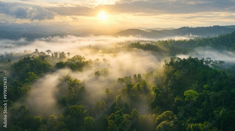 Wall mural Foggy rain forest hills vegetation rainforest outdoors.