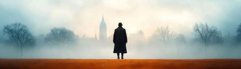 A lone phantom standing in the center of a gothic cemetery, dead trees casting skeletal shadows, mist and moonlight enhancing the haunting mood