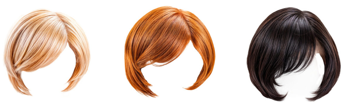 Collection of Blonde, Red, and Black Short Hair Wigs on Transparent Background - Stylish Haircuts for Fashion, Cosplay, and Beauty Design Projects