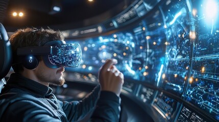 Man using VR headset with digital interface and data visualization