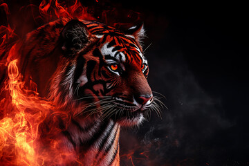 A fierce tiger emerges from flames, symbolizing power and intensity. © Noufaldi