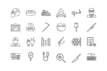 Checkbook, Courier, Diploma, Donut, Factory, vector illustration, set of icons for web design