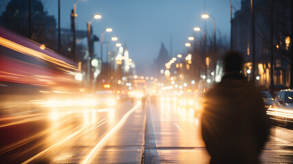 Fototapeta premium traffic in the city, the silhouette of a man against the background of blurred traffic tracks, headlights, night urban life, motion blur abstract background