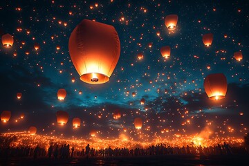 Hundreds of glowing lanterns float into the night sky above a crowd.