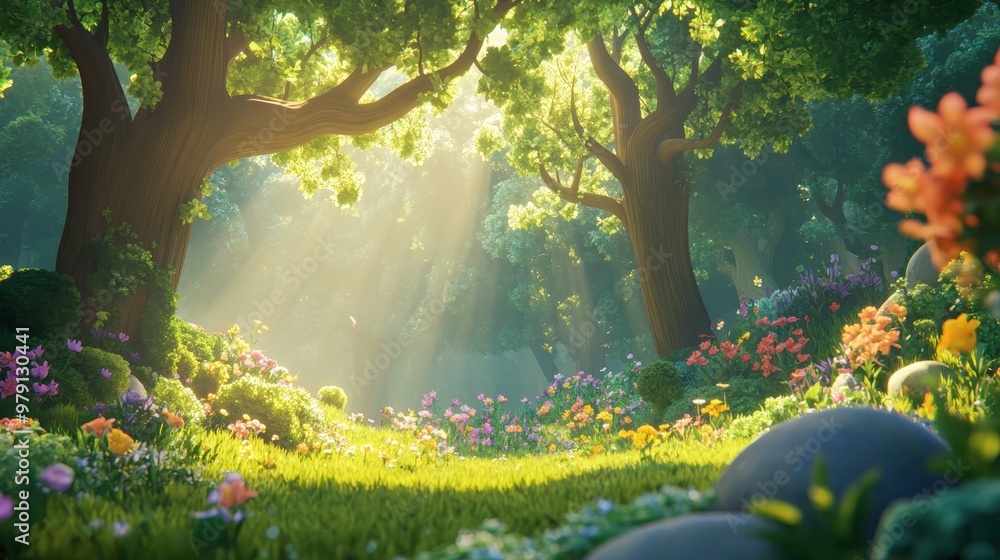 Poster a serene forest scene with sunlight filtering through trees and colorful flowers.