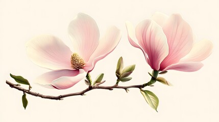 Naklejka premium Pink Magnolia Blossoms on a Branch with Buds and Leaves