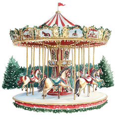 carousel with horses, Christmas theme, watercolor illustration, isolated on a white background