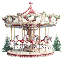 carousel with horses, Christmas theme, watercolor illustration, isolated on a white background