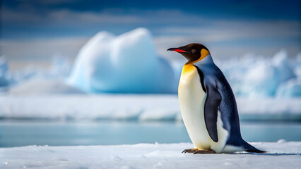 Naklejka premium Emperor penguin resting on icy surface in Antarctica, Emperor penguin, Antarctica, ice, snow, cold