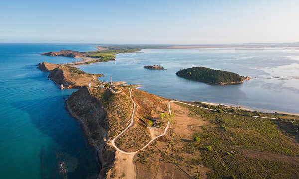 Aerial view of narta lagoon and zvernec island with tranquil waters, Vlore, Albania.