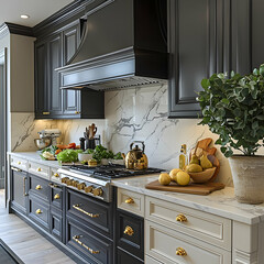 Luxurious Black and White Kitchen Photo with Marble Countertops, Gold Hardware, and Hardwood Floors