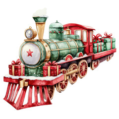 Christmas train with presents, watercolor style, cozy and festive, isolated on a white background