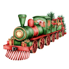 Christmas train with presents, watercolor style, cozy and festive, isolated on a white background