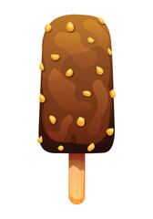 Ice cream stick with chocolate and nut topping, frozen dessert with a crunchy texture. Vector cartoon illustration