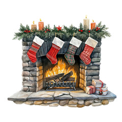 cozy fireplace with hanging stockings, watercolor Christmas scene, isolated on a white background