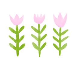 Cute Childish Drawing Style Print with Pastel Pink Tulip Flowers. Simple Infantile Hand Drawn Art Pink Flowers and Leaves on a White Background. Abstract Floral Art. Kids' Room Decoration. 