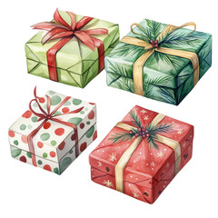 gift boxes wrapped in festive paper, watercolor style, isolated on a white background