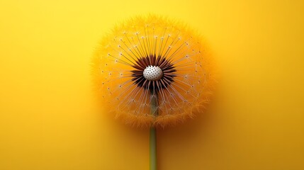 A Close-Up View of a Single Yellow Dandelion with a Yellow Background, flat lay.