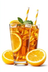 Two Glasses Of Iced Tea With Slices Of Fresh Oranges And Yellow Straws On A White Background.
