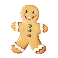 gingerbread man with a cute smile, watercolor style, isolated on a white background