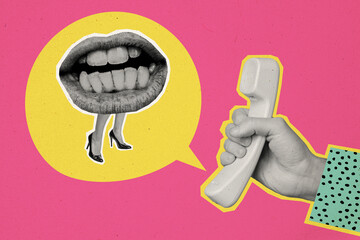Composite artwork sketch image photo collage of silhouette lady huge mouth lips stand woman legs big hand hold landline phone speech cloud