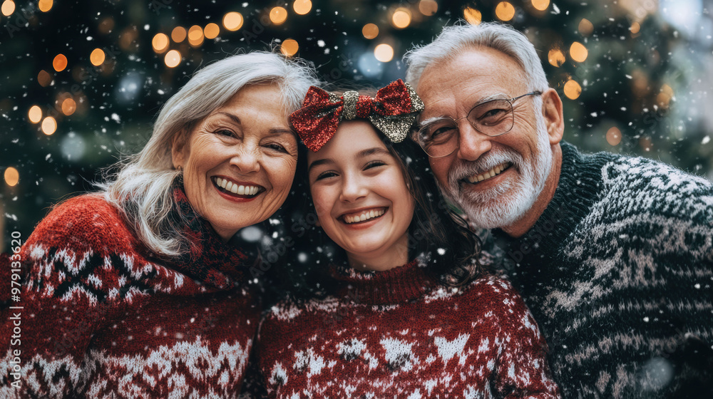 Canvas Prints A man and two women pose for a picture in front of a christmas tree