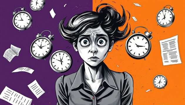 A woman with an expression of panic on her face surrounded by several clocks and paper sheets flying around her