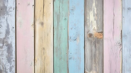 A rustic wooden panel background with vertical planks in a mix of pastel shades, including blue, pink, yellow, and lavender.