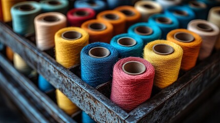 Colorful Textile Overflow in Metal Cage with Yarn Thread Cotton Wool on Recyclable Cardboard Tubes for Crafting and Sewing Supplies concept