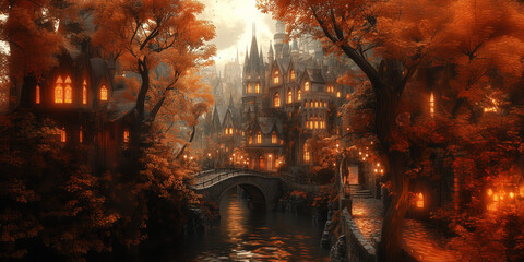 A photographic fantasy image of an autumn elven city