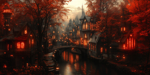 A photographic fantasy image of an autumn elven city