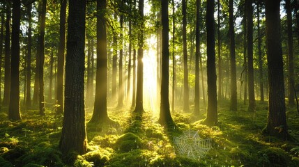Obraz premium Sunrays Through Forest Trees With Spider Web and Moss