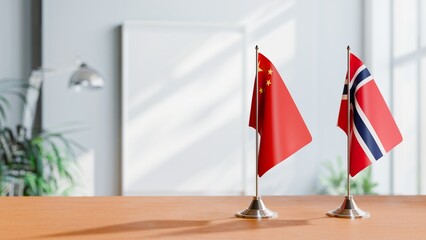 FLAGS OF CHINA AND NORWAY ON TABLE © Vutuk