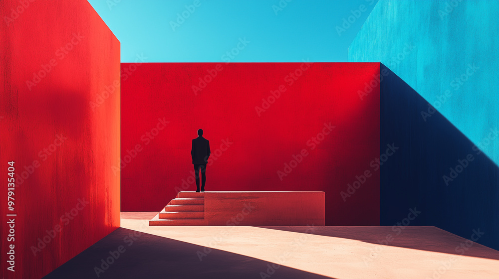 Poster minimalist photography of an anonymous character on a majestic minimalist architecture background, m