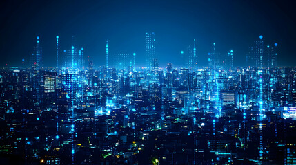 Fototapeta premium Digital Cityscape Illustration with Blue Lights and Binary Code Overlays