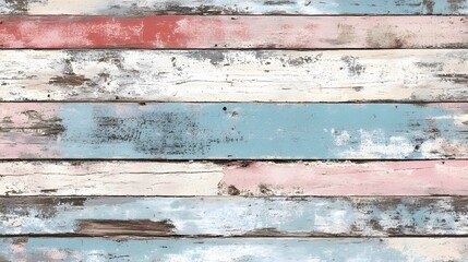 Fototapeta premium A rustic wooden panel background with vertical planks in a mix of pastel shades, including blue, pink, yellow, and lavender.