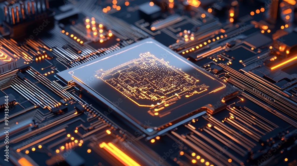 Poster circuit board with glowing processor chip